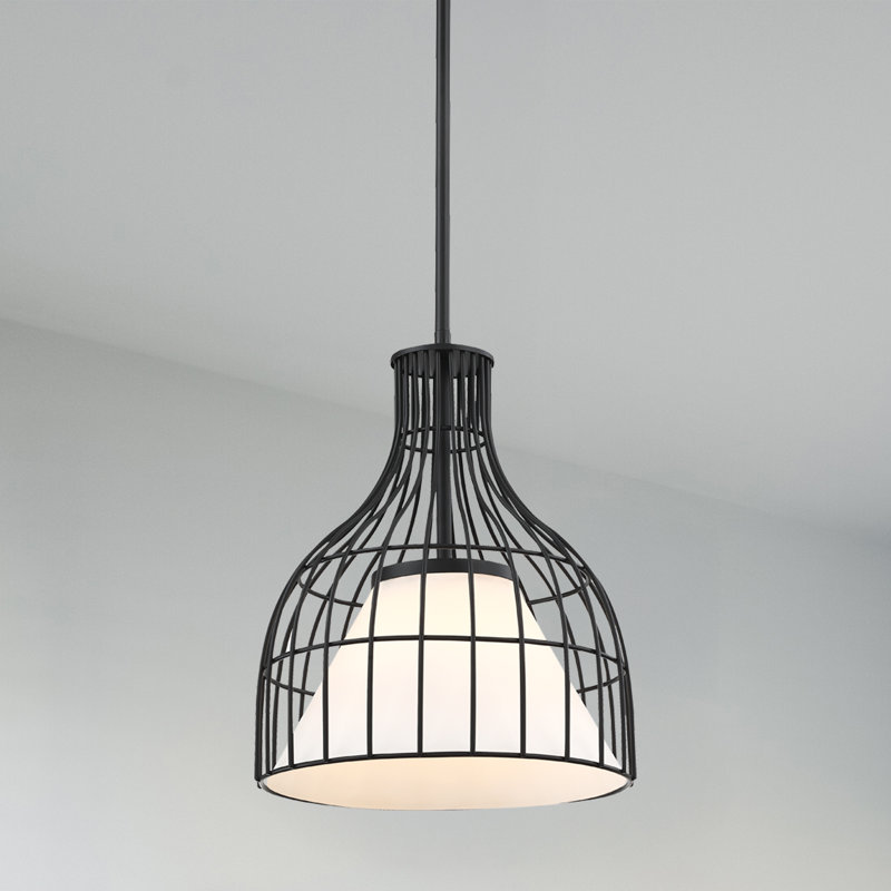 Aukerman 60 Watt 1-Light Bell Pendant with Etched Opal Glass Shade and Metal Outer Cage, 14.75" H x12" W x 12" D, Matte Black