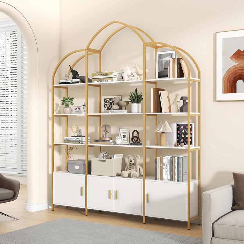 Arched Bookshelves and Bookcases: Triple Wide 5-Tier Large Open Bookshelf, White/Gold