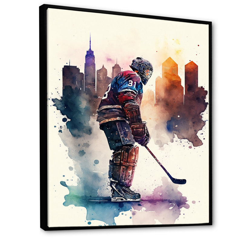 Joueur de hockey devant le paysage urbain I - Impression sur toile, H 20 po x l 12 po x P 1 po