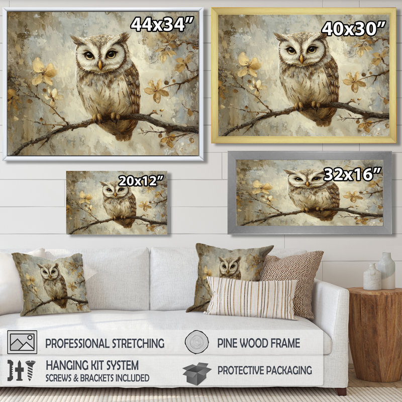 Gentle Owl In Winter - hibou, art mural sur toile, H 12 po x l 20 po, Cadre simple, Noir