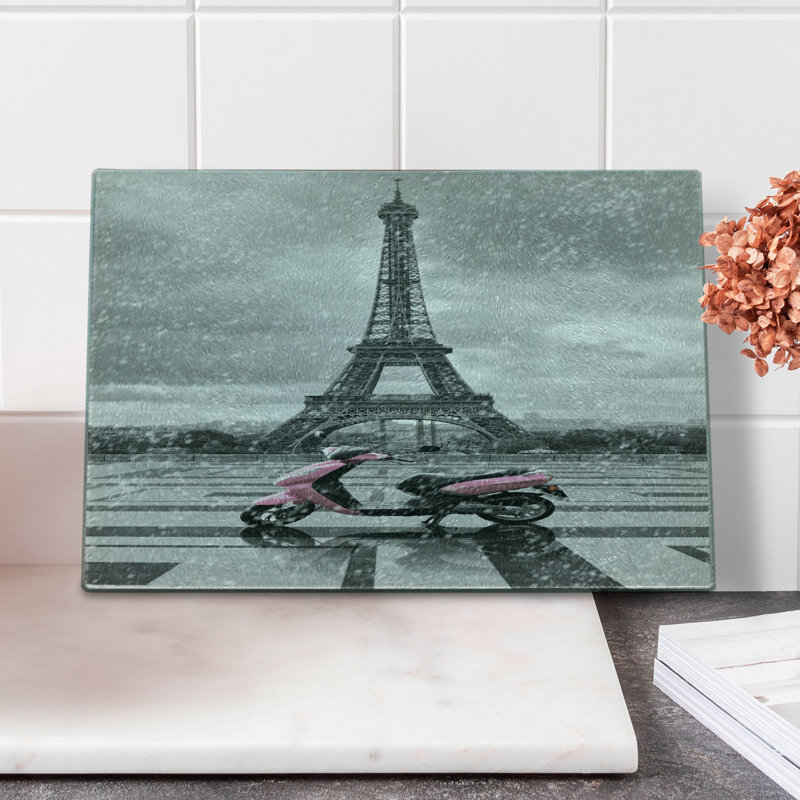Ambesonne Eiffel Tower Tempered Glass Cutting Board Paris Scene Moped Grey Pink