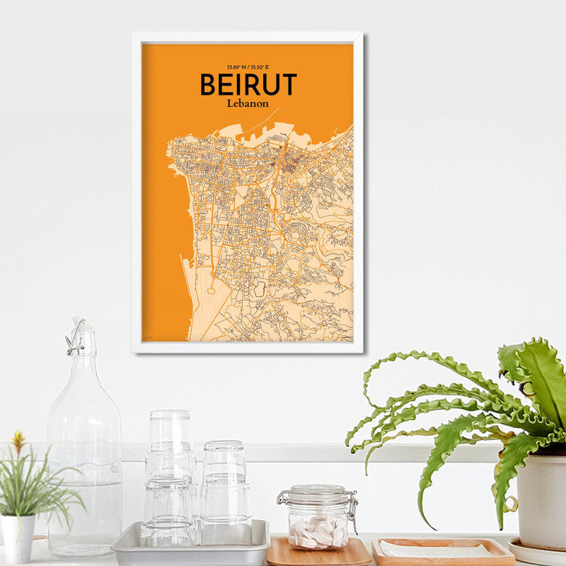Carte de la ville de Beyrouth, impression maritime, H 27,60 po x l 19,70 po, Orange / or pâle