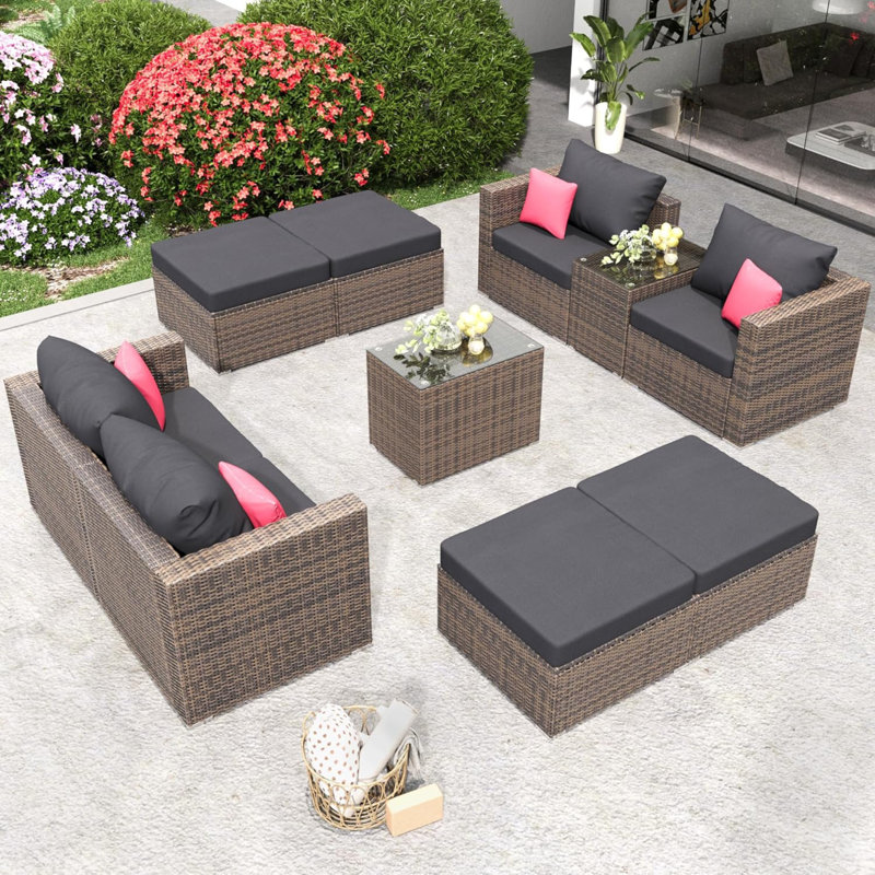Ensemble de meubles modulaires d'extérieur 10 pièces avec repose-pieds en osier pour terrasse