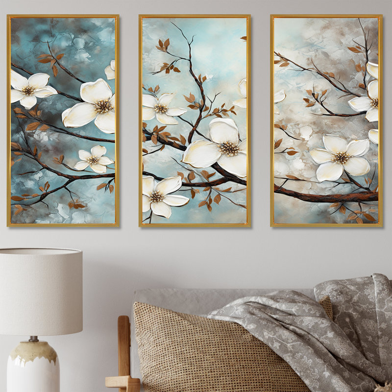 Dogwood Beauties - ensemble d'art sur toile Dogwood, H 40 po x l 60 po x P 1 po, Cadre flottant doré