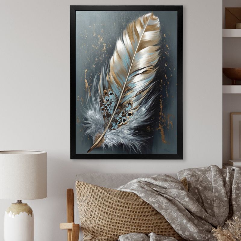 Kelvontae plume dorée Wanderlust IV sur toile, Cadre photo noir, H 40 po x l 30 po x P 1,5 po