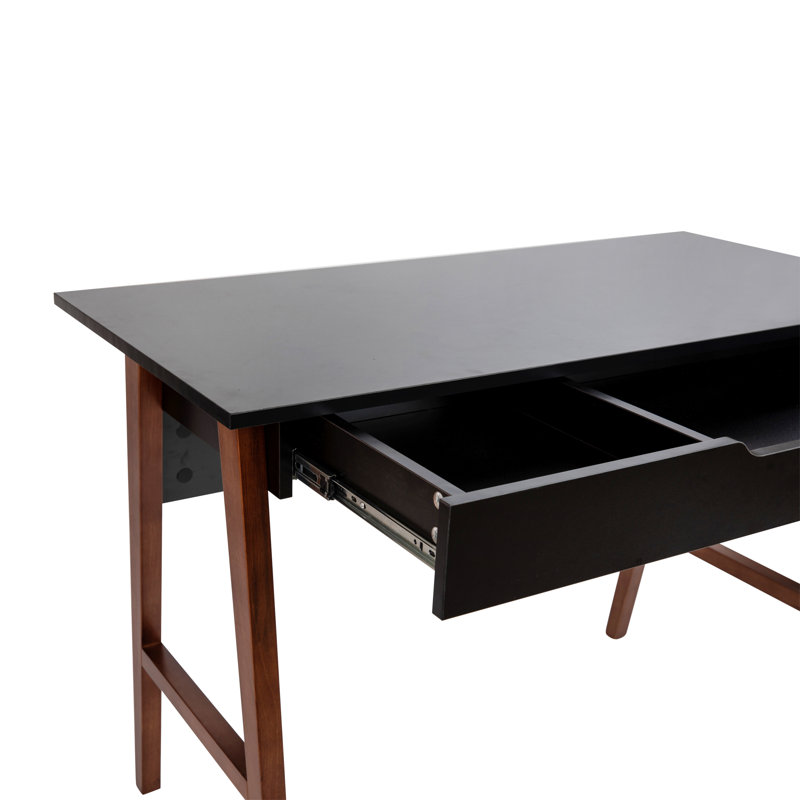 Black and Walnut Wood Writing Desk with Storage Drawer