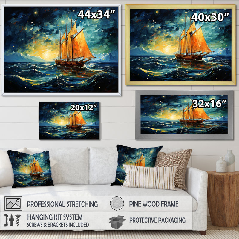 «Moonlight Saiboat Horizon III - Bateau à voile, art mural», Cadre doré à coins fermés, H 12 po x l 20 po x P 1 po