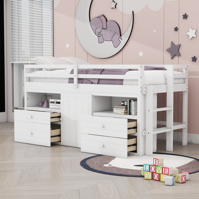 Jayneen Twin Size Wood Loft Bed With 4 Drawers And Shelves,Ladder, White