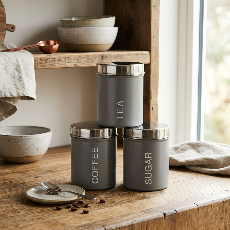 Harbour Housewares - Round Metal Kitchen Tea Coffee Sugar Canisters, Grey