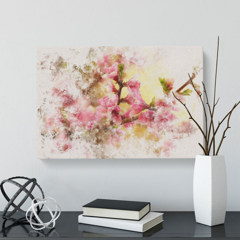 Cherry Blossom Flowers Watercolour - Wrapped Canvas Graphic Art, 60cm H x 91cm W x 3cm D