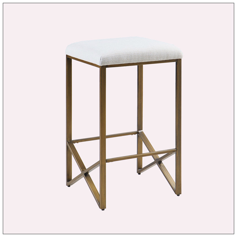 Ivory and Bronze Backless Upholstered Counter Stool with Metal Base