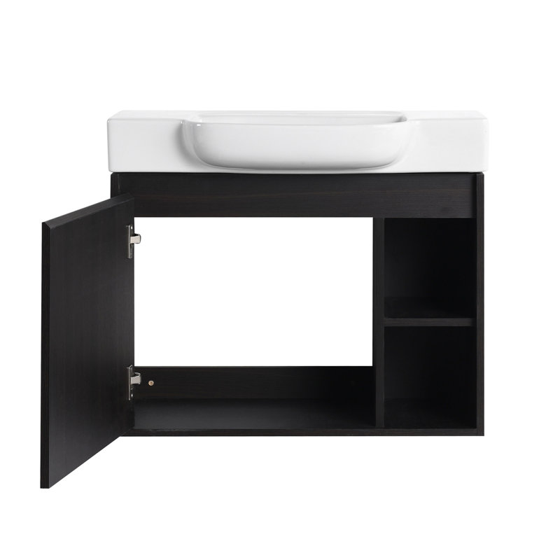 Meuble-lavabo mural 28 po avec lavabo en céramique blanche et porte à fermeture en douceur, emballage KD, chêne foncé