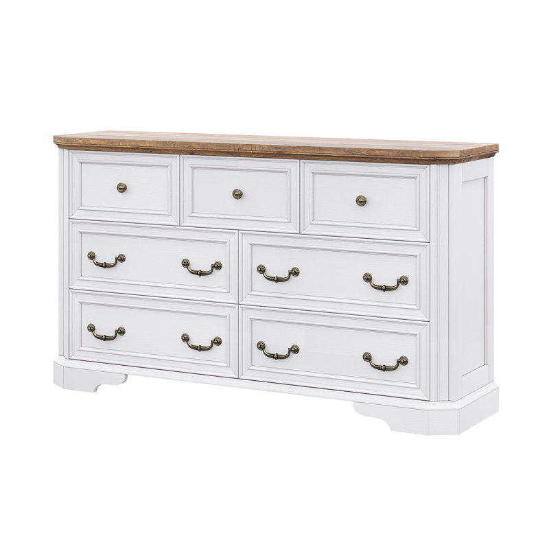 Coghiel 7 Drawer 54" W Farmhouse Wooden Double Dresser, White, White