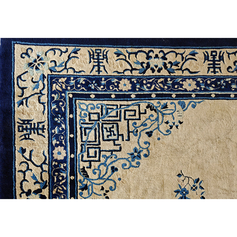 Rectangle Wool 1920s Ivory Beige Cream White Hand Knotted Pile Antique Rug