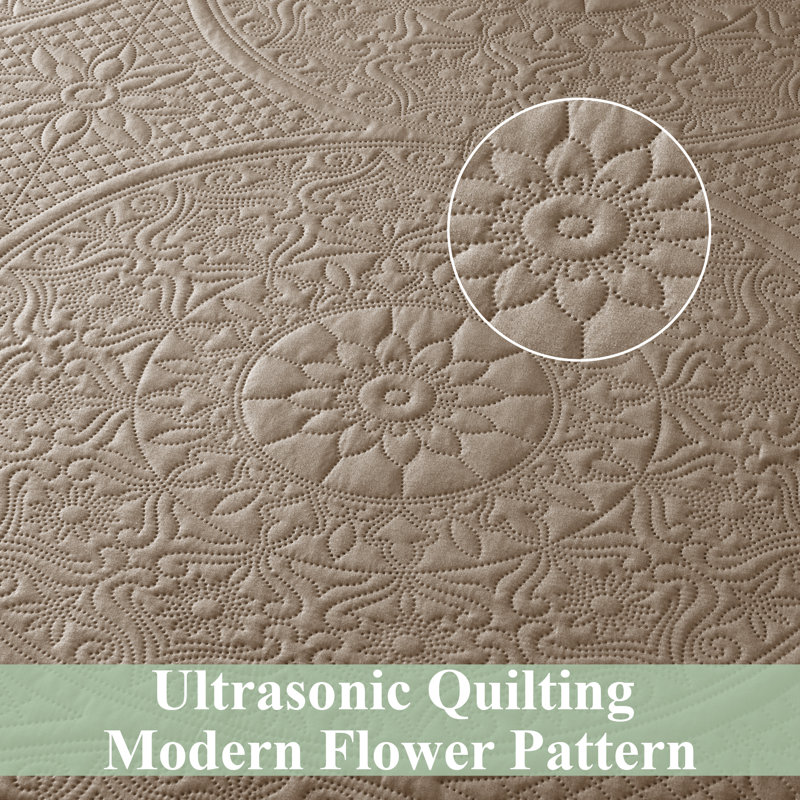 Floral Embossed Quilted Bedspread Set, Oversized and Lightweight Bedding Set with Pillow Shams, Beige