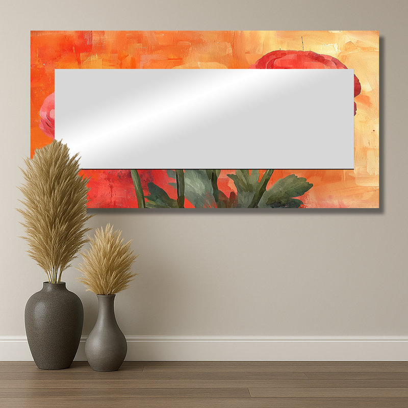 «Vivid Sunset Ranunculus Flowers In Autumn I», miroir décoratif floral imprimé sur métal, 28 po x 55 po