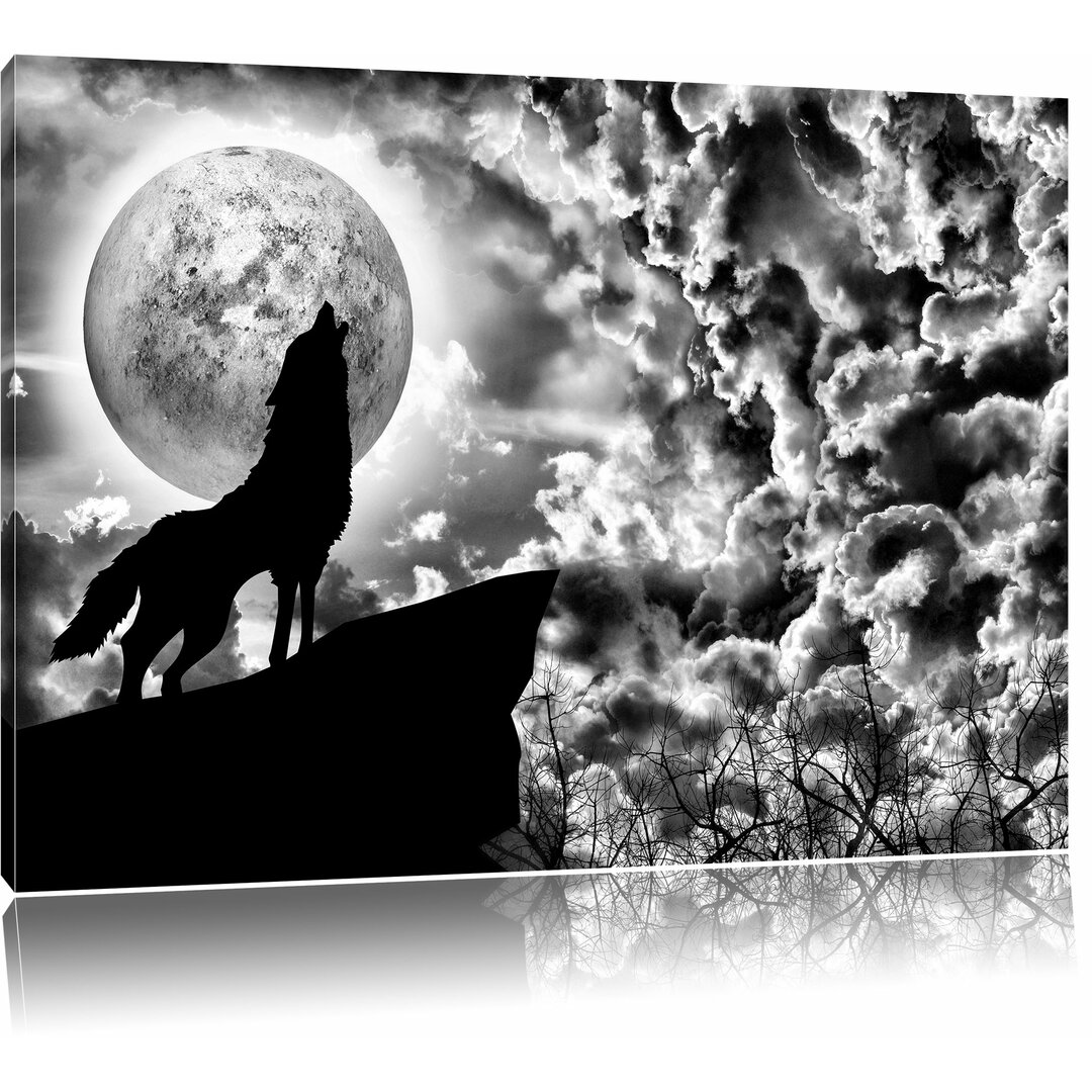 Leinwandbild Wolf heult den Mond an in Monochrom