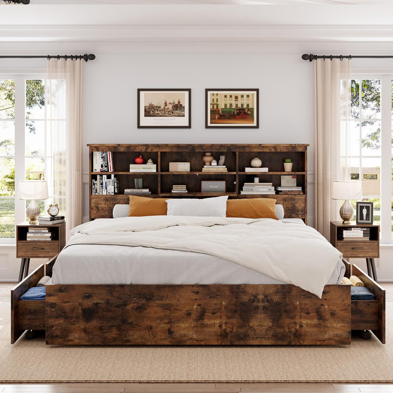 Base de lit en bois avec rangement et tête de lit bibliothèque et 4 grands tiroirs, Gris, Lit double