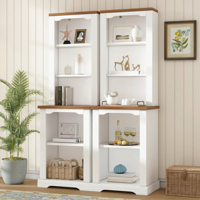 Two-Piece Elegant Freestanding Tall Cabinet with Fully Open Storage, Walnut Element Bookshelves with Curved Design, Stylish Display Bookcase with Anti-Tip Device for Living Room, White