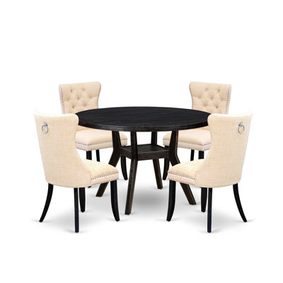5-pc Dining Room Set contains a dining table and 4 Light Beige Polyester fabric dining chair with Button Tufted Back - Sand Blasted Black