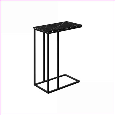 Table basse en forme de C pour le salon - Stratifié aspect marbre noir, conception moderne avec base en métal
