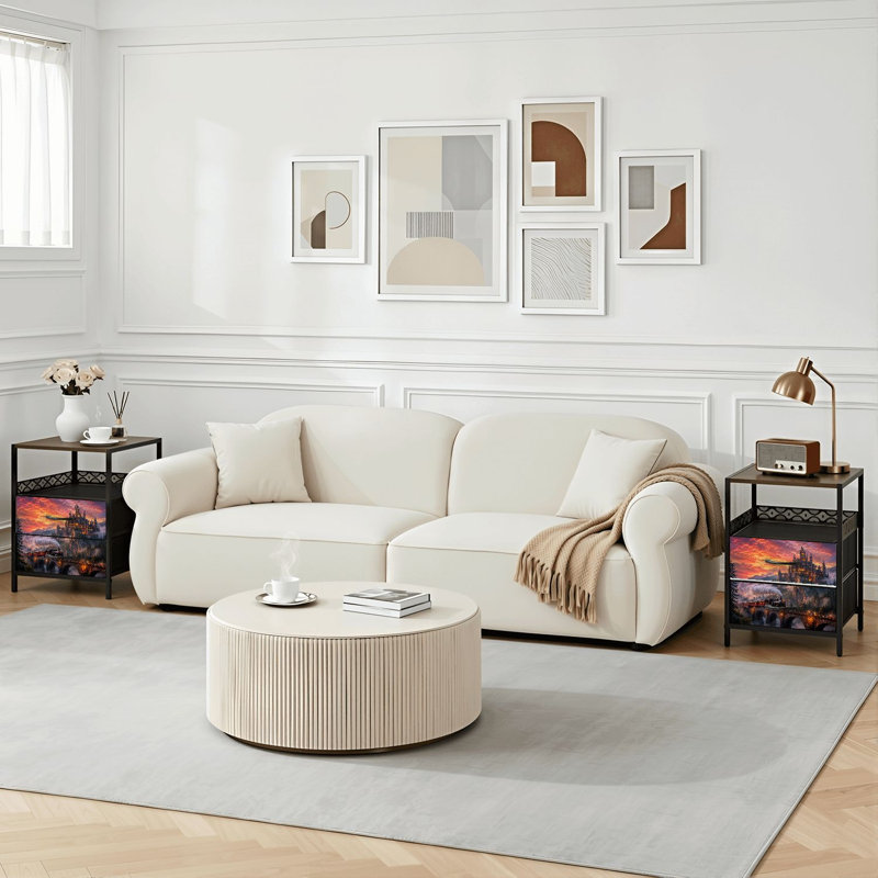 Table de chevet 2 tiroirs avec station de charge, table de chevet pour chambre à coucher avec ports USB, tablette ouverte noire, table de chevet avec pont arqué Fantasy Castle Sunset