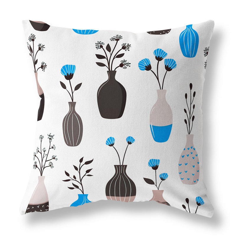 Coussin décoratif intérieur / extérieur Vase of Dreams, H 16 po x l 16 po, Bleu / blanc