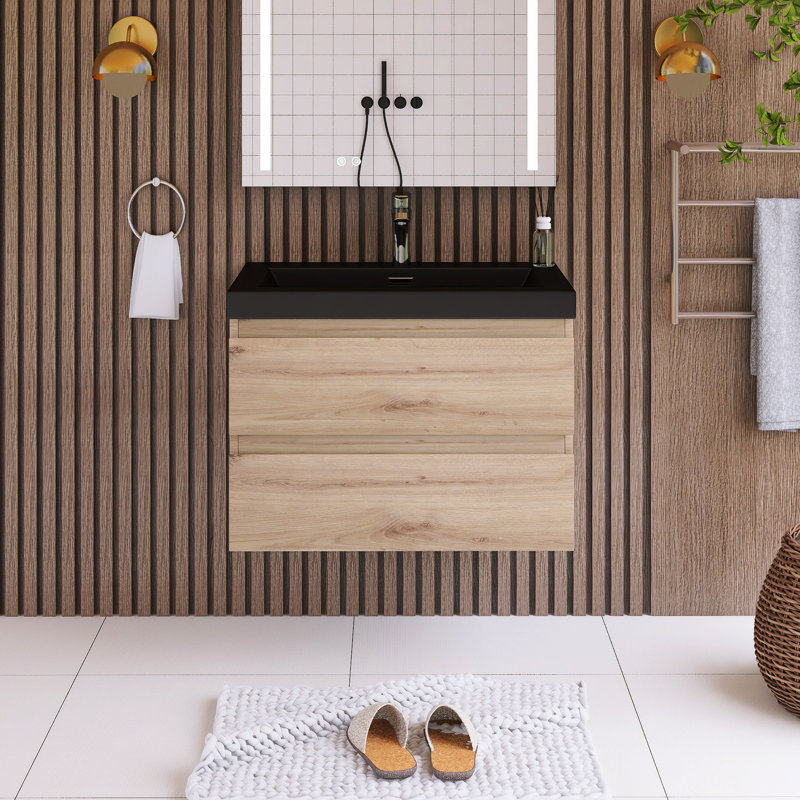 Ensemble de meuble-lavabo mural simple 29,5 po avec plateau en résine Mannus, Naturel