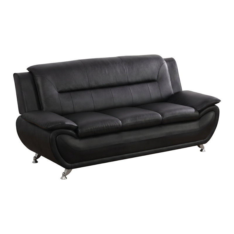 79”Modern 3 Seater Black Faux Leather Sofa