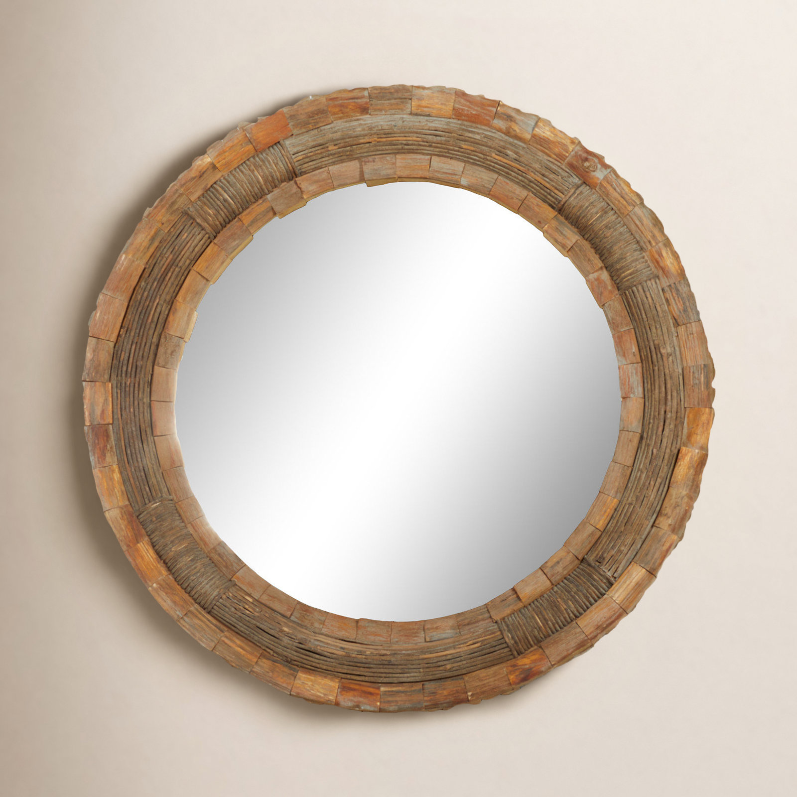 Wood Large Room Wall Mirror with Layered Wood Chip and Stick Design