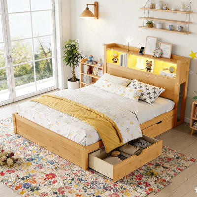 Lit simple avec tiroirs, lit simple en bois avec tête de lit et armoire de rangement escamotable