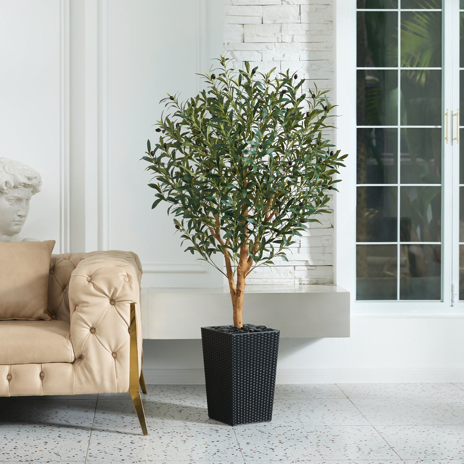 George Olive Tree in Decorative Vase, Black, 60" H x 20" W x 20" D