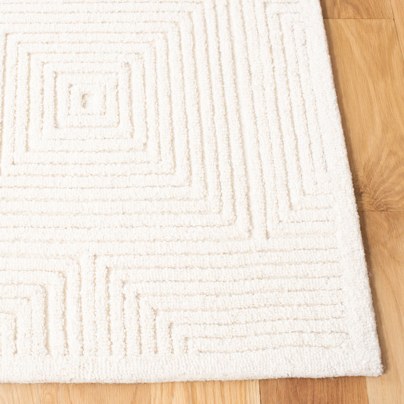 Tapis ivoire en laine et coton touffeté à la main à motif géométrique Hattie, Carré 6 pi