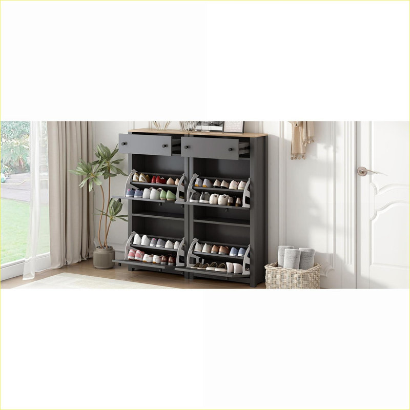 Armoires à chaussures | Armoire de rangement moderne à 4 tiroirs, base gris ardoise, plateau en grain de bois, panneaux réglables pour le vestibule | Panneau de particules | Couloir