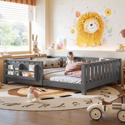 Reeve Modern Montessori Low Profile Toddler Floor Bed with Built-In Bookshelf, Pine Wood Frame And Safety Guardrails