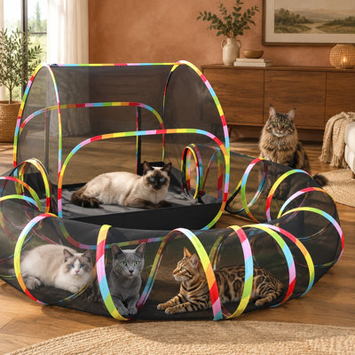 Ce très grand enclos extensible 2-en-1 extérieur jumelle un tunnel escamotable avec une tente de chat pliable et convient à la maison, à la cour et au camping avec des chats, des lapins et des petits animaux.