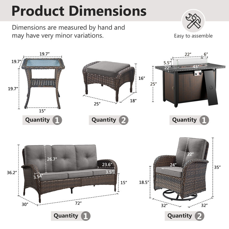 Aluel 7-Pieces Wicker Outdoor Conversation Set for 6 Person With 2 Rocking and Swivel Chairs & Fire Pit Table, Gray