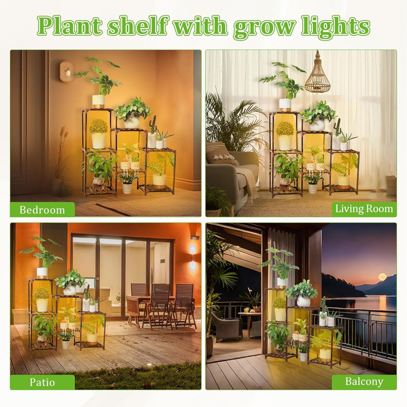 Tall Dark Brown Wooden Plant Stand with Full Spectrum Grow Lights