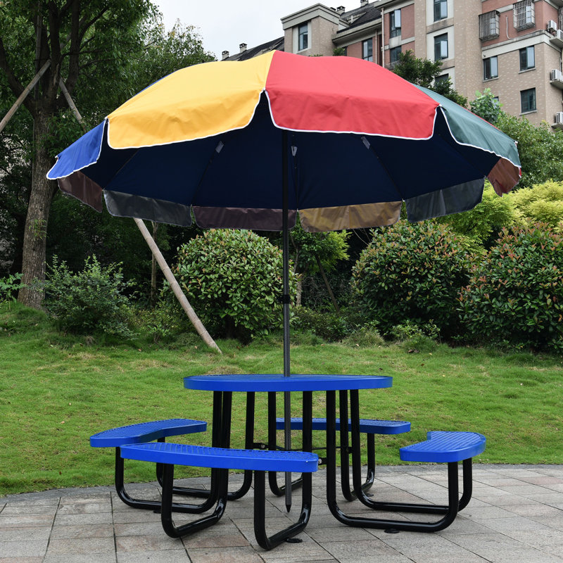 Blue 46" Steel Picnic Table With Umbrella Pole Support, Suitable For Outdoor Eating, Camping, Picnics, Tailgate Heavy In Blue, Mounting, Fishing