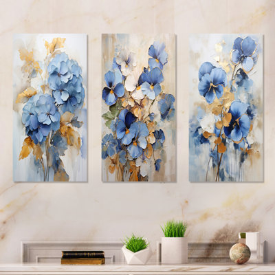 Blue And Gold Minimalism Pansy Radiance Bouquet - Pansies Canvas Art Print Set Of 3