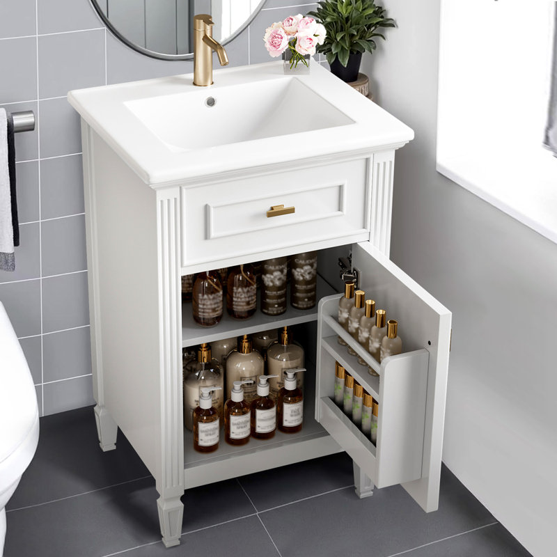 20" Bathroom Vanity With Sink, Solid Wood Legs,tilt-out Drawer,freestanding Cabinet For Small Bathroom, White