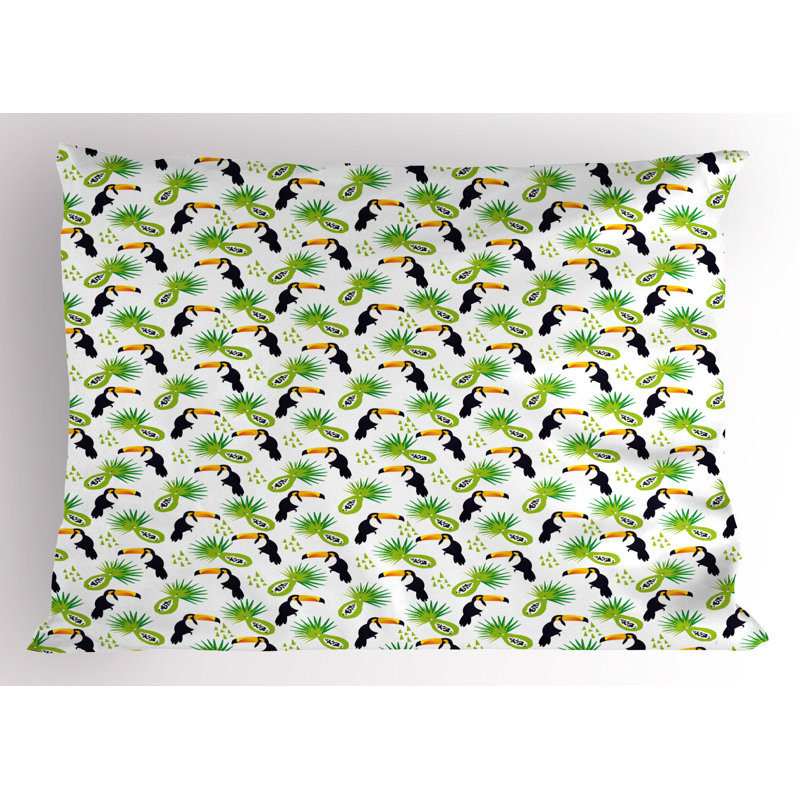 Ambesonne Tropical Pillow Sham 2 Pack Toucan and Palm Pattern Green Black and Orange, 20"H x 30"W