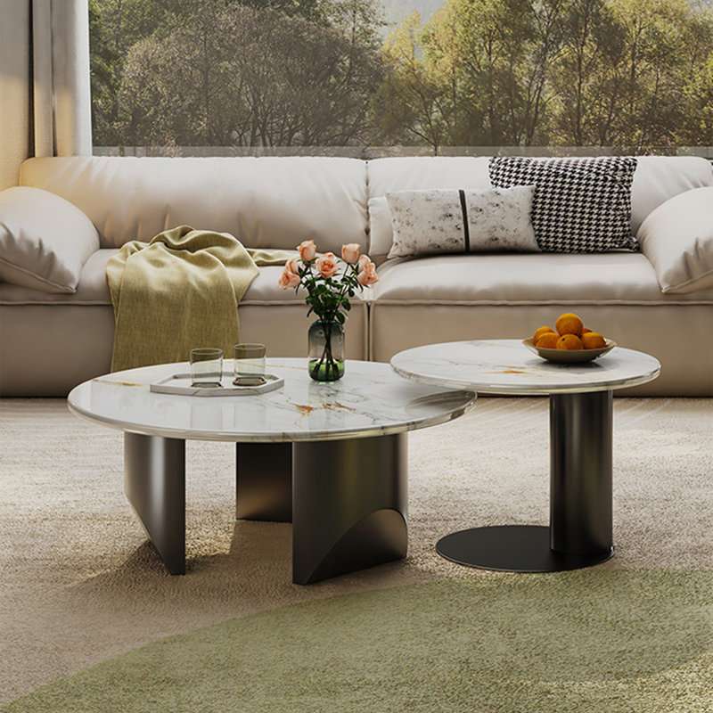 Modern round microcrystalline stone coffee table, 15.4" H x 31.5" L x 31.5" W