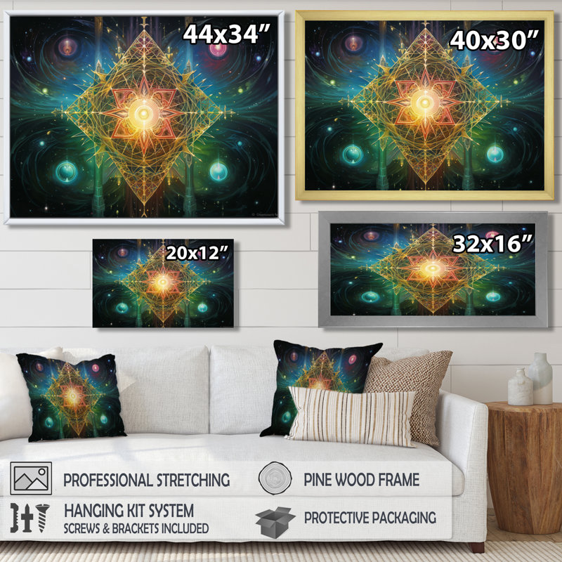Art mural Galactic Sacred Star - Boho Mandala, H 12 po x l 20 po x P 1 po, Toile avec cadre flottant noir