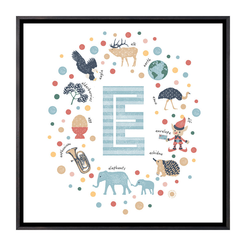 Lettre illustrée E bleue - impression, Aucun mat, H 18 po x l 18 po x 1,5 po, Toile avec cadre noir patiné
