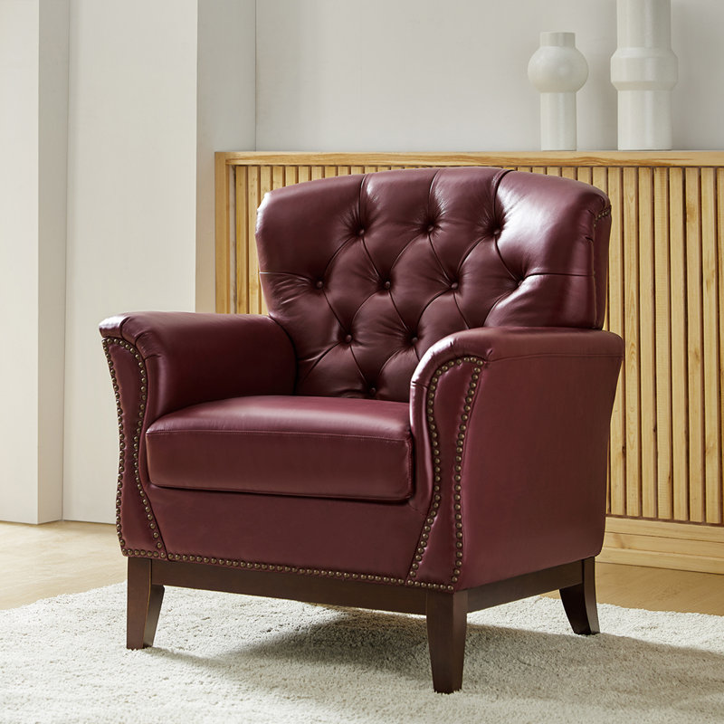 Chaise en cuir véritable Nariana avec pieds en bois massif, Cuir véritable bourgogne