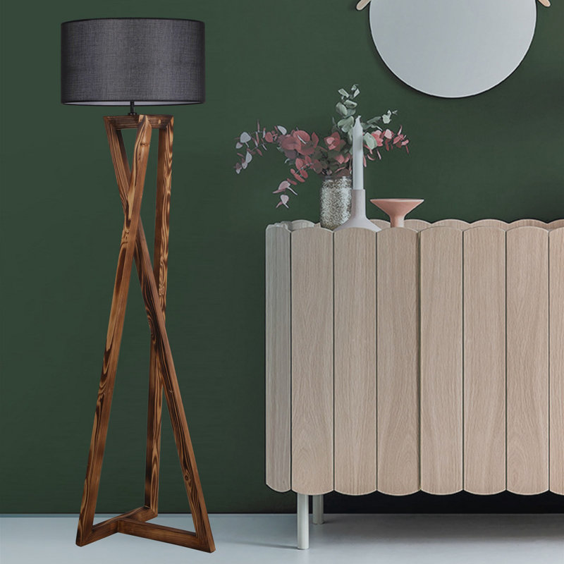 Lampe sur pied industrielle scandinave, brune et noire, 59,1 pouces de hauteur | Corps d'arbre sapin avec capuchon en tissu sapin (diamètre de 11,4 pouces) | Interrupteur marche / arrêt, douille E27 (40 W maximum) | Conception élégante pour la décoration moderne de la maison et du bureau