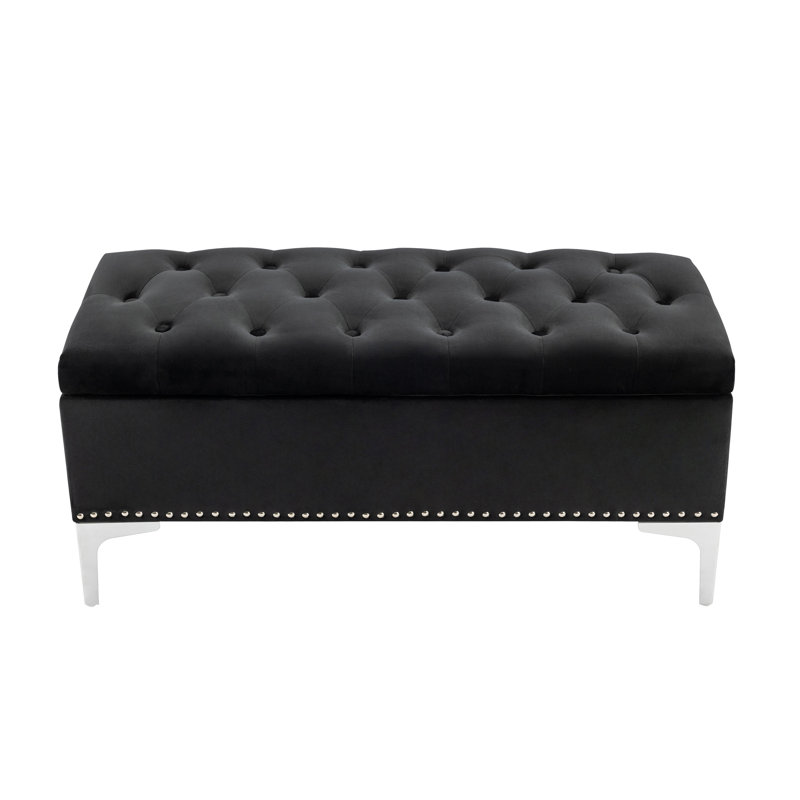 Banc de rangement avec repose-pieds en velours Spearman, Noir