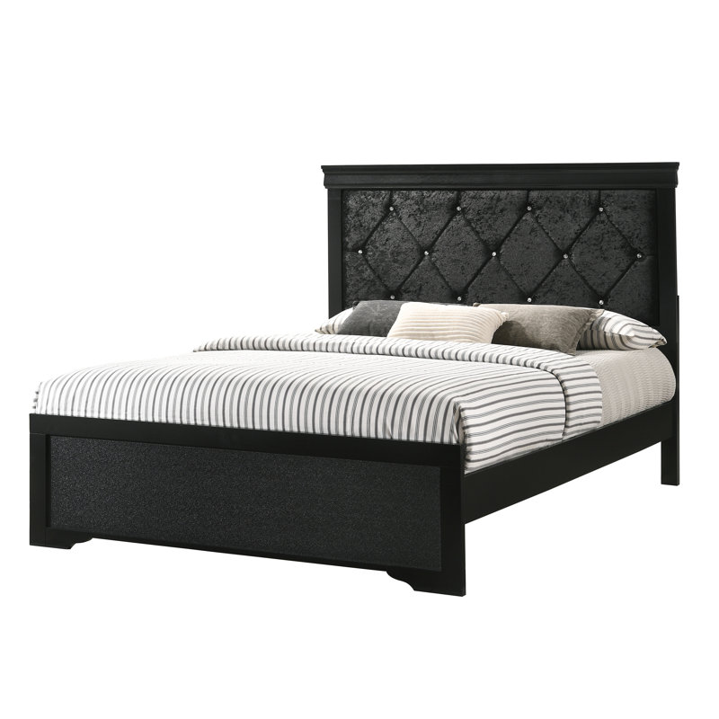 Grand lit avec tête de lit tapissier noire et pieds de soutien