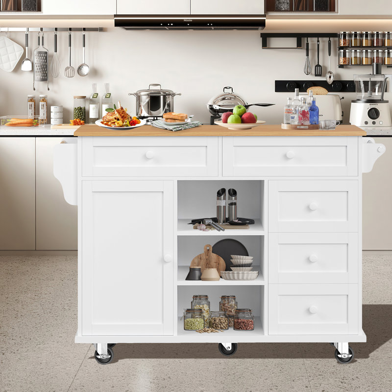 Multifunctional Dining Trolley Rolling Kitchen Cart With Drawers, Cabinets,134×46×92 Cm, White
